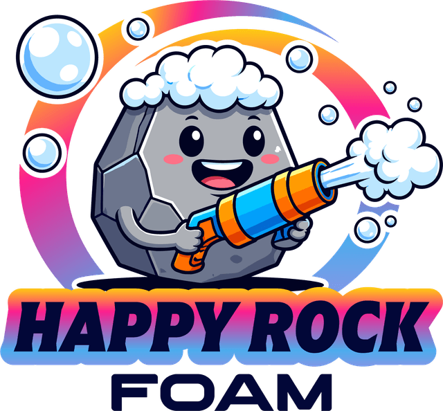 Happy Rock Foam logo: a smiling rock holding a foam cannon