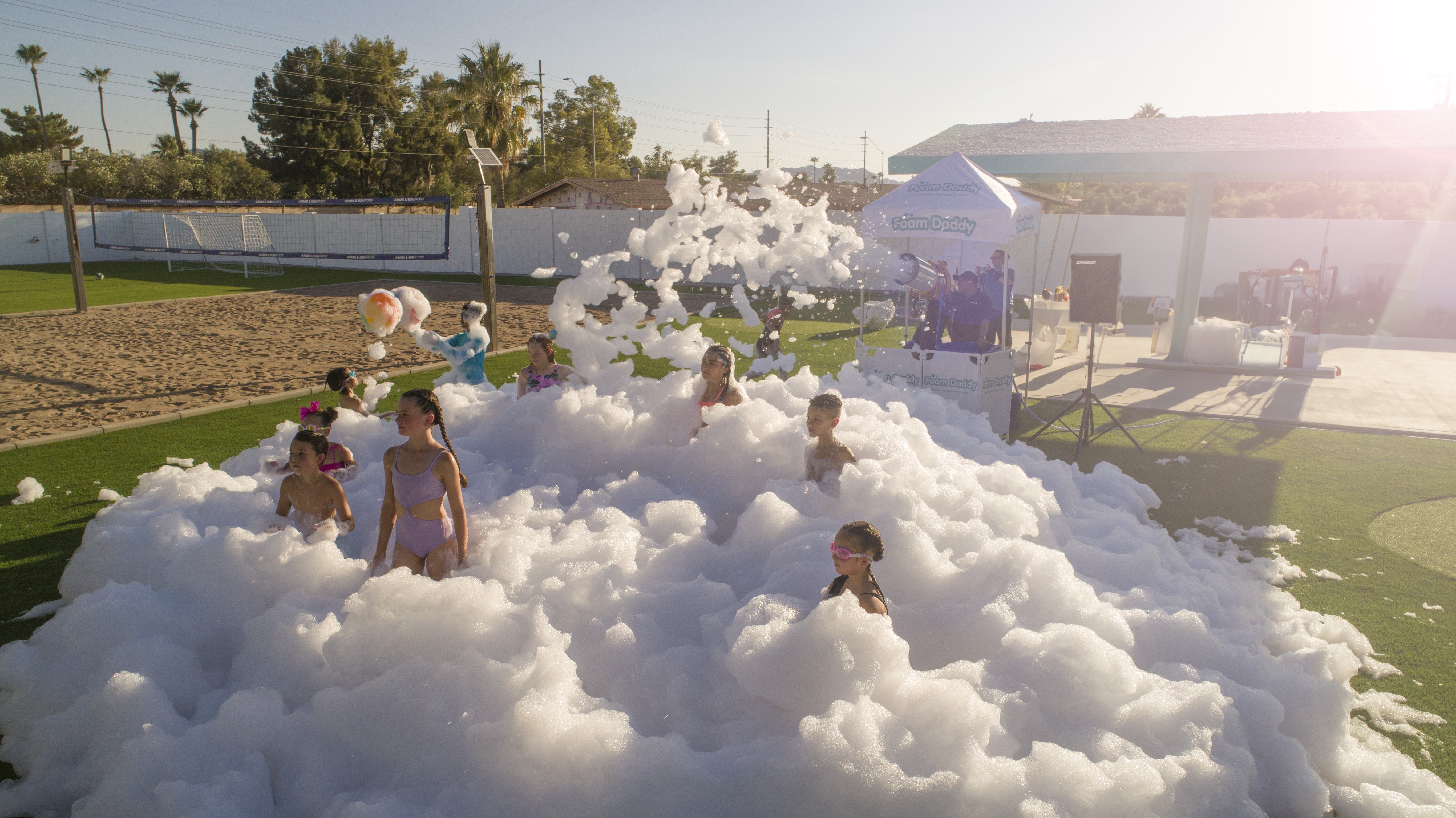 Aerial view of a packed foam party